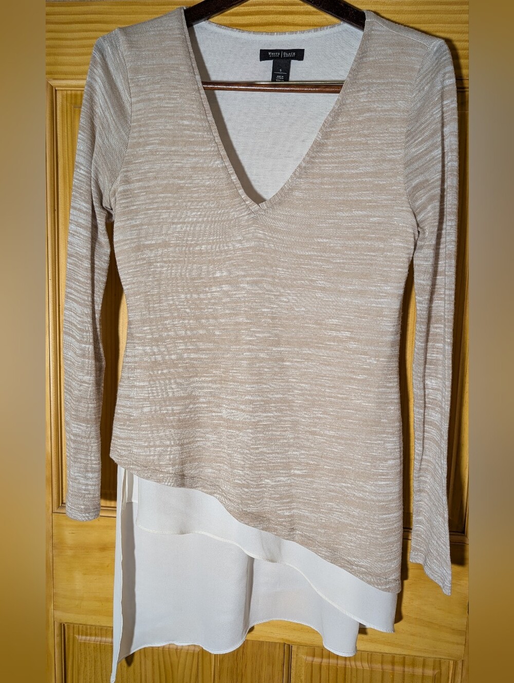 White House Black Market Beige Layered Asymmetrical V-Neck Long-Sleeve Top